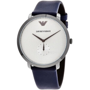 Angled view of Emporio Armani AR11214 watch showing silver dial with subdial and navy leather strap
