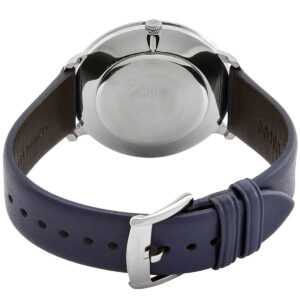 Caseback view of Emporio Armani AR11214 with gray case and navy leather strap