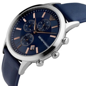 Emporio Armani AR11216 silver watch with blue chronograph dial and navy strap