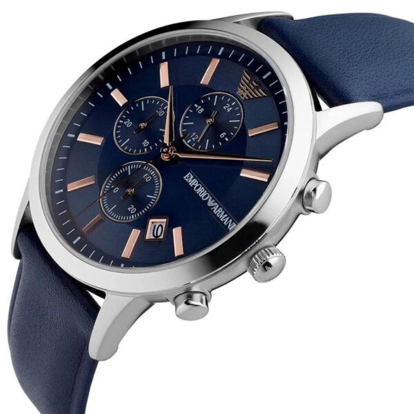 Emporio Armani AR11216 silver watch with blue chronograph dial and navy strap