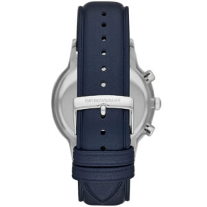 Emporio Armani AR11216 watch caseback showing white dial with navy leather strap