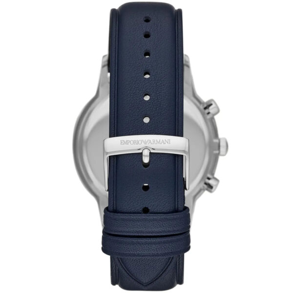 Emporio Armani AR11216 watch caseback showing white dial with navy leather strap