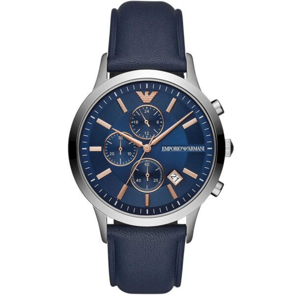 Emporio Armani AR11216 silver chronograph watch with blue dial and navy leather strap