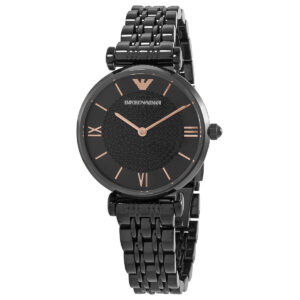 Emporio Armani AR11245 black dial ladies watch with rose gold accents and black stainless steel bracelet