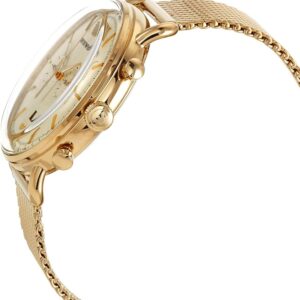 Side angle view of gold chronograph watch with cream dial and mesh bracelet