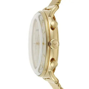 Side profile of Emporio Armani gold aviator chronograph watch showing case depth