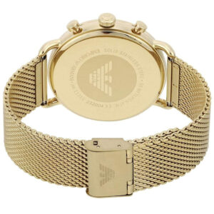 Back view of gold mesh strap and caseback with Emporio Armani eagle emblem