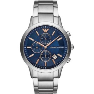 Emporio Armani AR11458 chronograph watch with blue dial, rose gold indices, and steel bracelet