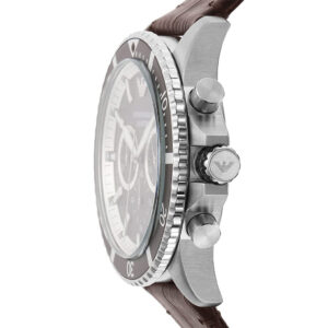 Side view of Emporio Armani AR11486 watch showing chronograph pushers and stainless steel case