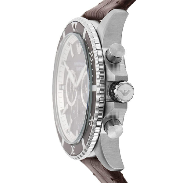 Side view of Emporio Armani AR11486 watch showing chronograph pushers and stainless steel case