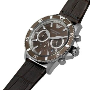 Emporio Armani AR11486 chronograph watch showing stainless steel case and brown leather strap at angle