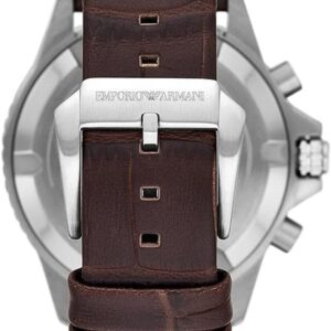 Caseback view of Emporio Armani AR11486 watch with stainless steel and brown leather strap