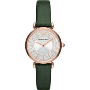 Emporio Armani AR11517 rose gold watch with crystal-studded dial and green leather strap