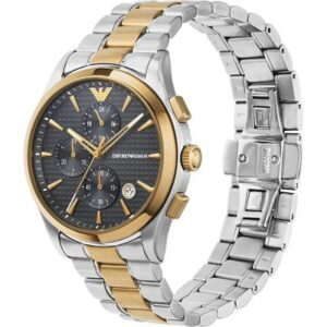 AR11527 watch at angle showing two-tone bracelet and chronograph subdials on dark face