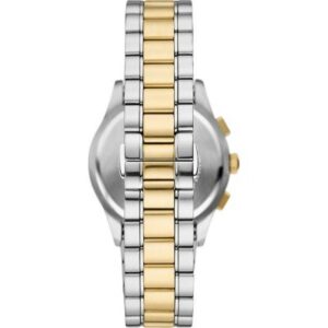 Caseback view of AR11527 showing two-tone bracelet with steel and gold links