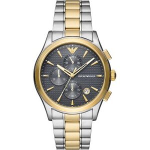 Emporio Armani AR11527 chronograph watch with two-tone steel and gold bracelet and dark dial