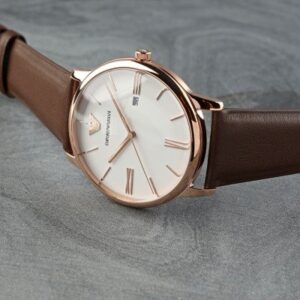 Angled view of Emporio Armani AR11572 with rose gold case and brown strap