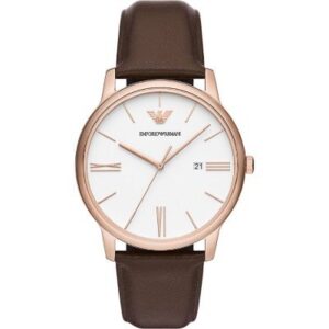 Emporio Armani AR11572 watch with rose gold case and brown leather strap