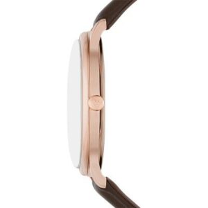 Side detail of Emporio Armani AR11572 showing case and brown leather strap