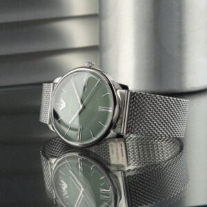 Close-up detail of Emporio Armani AR11578 green dial with Roman numeral markers