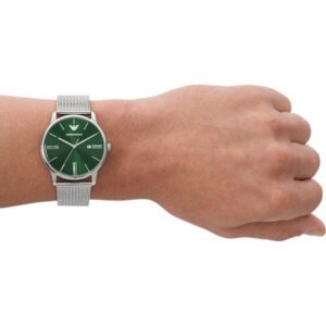 Emporio Armani AR11578 watch worn on wrist showing green dial and mesh strap