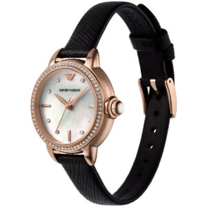 Emporio Armani AR11598 three-quarter view showing rose gold case with crystal bezel and black leather strap