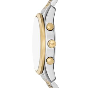 Side profile of Emporio Armani AR11603 showing two-tone case and bracelet with gold accents