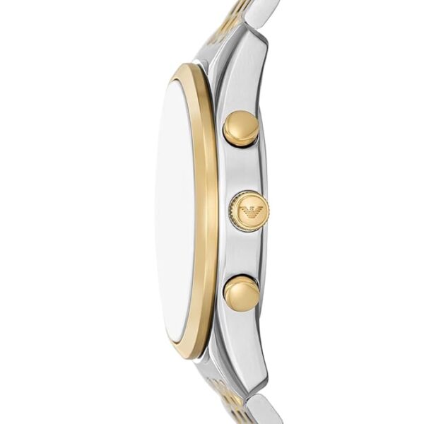 Side profile of Emporio Armani AR11603 showing two-tone case and bracelet with gold accents