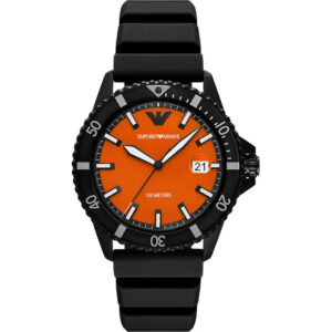 Emporio Armani AR11684 men's watch with black case, orange dial, and black rubber strap