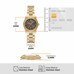 Emporio Armani AR11700 specs: 32mm case, 16mm strap width, 8.9mm thickness, stainless steel