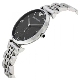 AR1676 watch at angle showing black dial, silver case, and linked metal bracelet