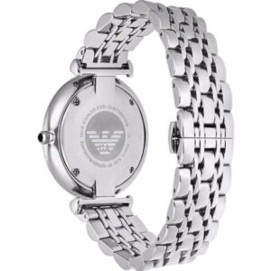 AR1676 caseback displaying stainless steel construction with Emporio Armani eagle logo engraving
