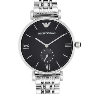 Emporio Armani AR1676 black dial watch with silver strap, Roman numeral indices and subdial