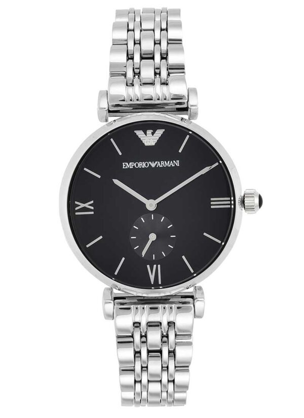Emporio Armani AR1676 black dial watch with silver strap, Roman numeral indices and subdial