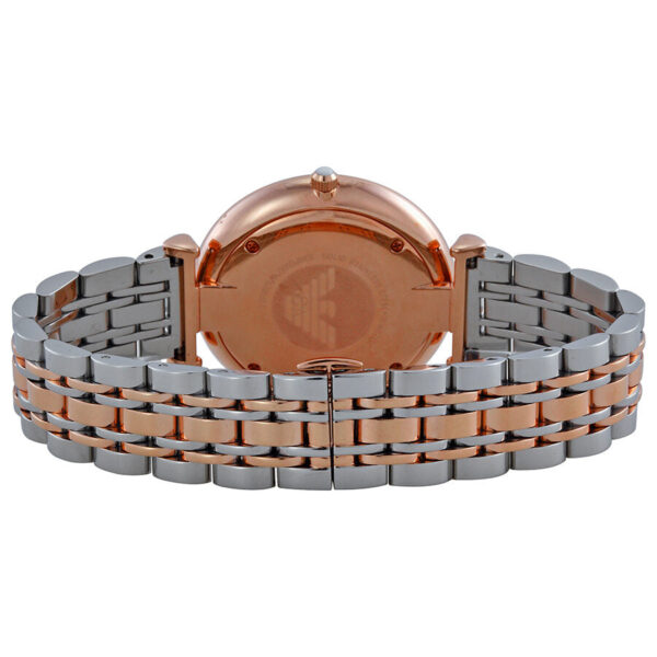 Emporio Armani AR1677 caseback showing rose gold two-tone stainless steel bracelet