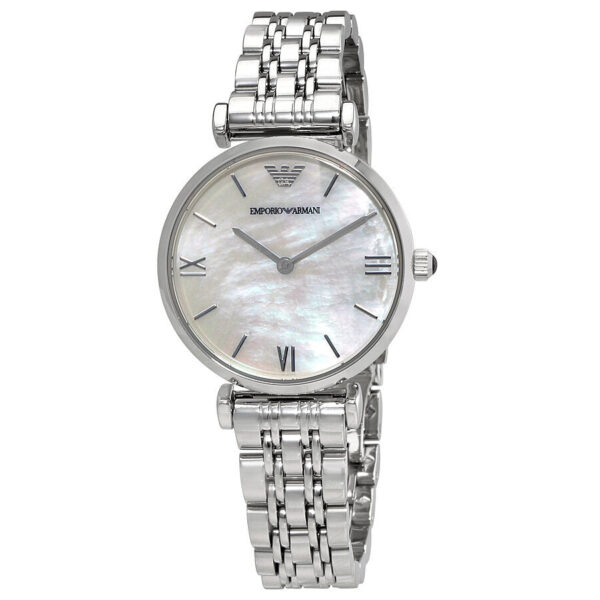 Emporio Armani Classic AR1682 silver watch with white mother-of-pearl dial and Roman numerals