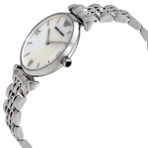Emporio Armani AR1682 watch at angle showing silver braided bracelet and white dial