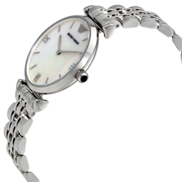 Emporio Armani AR1682 watch at angle showing silver braided bracelet and white dial