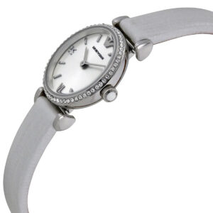 Emporio Armani Gianni T-Bar mini watch angled view of case with crystal bezel and leather strap