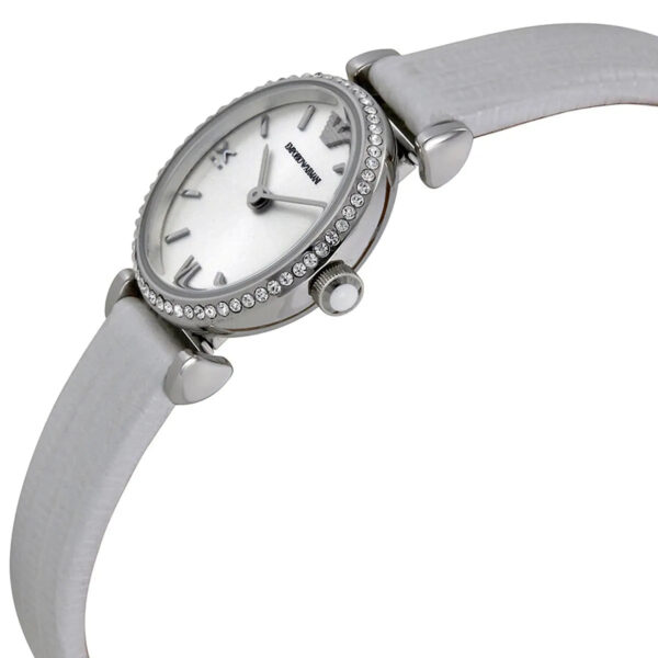 Emporio Armani Gianni T-Bar mini watch angled view of case with crystal bezel and leather strap