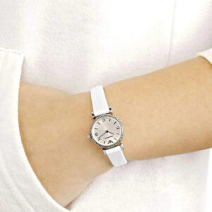Emporio Armani Gianni T-Bar mini silver women's watch worn on wrist with white leather strap