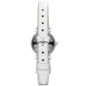 Emporio Armani Gianni T-Bar mini watch side view showing case profile and white leather strap