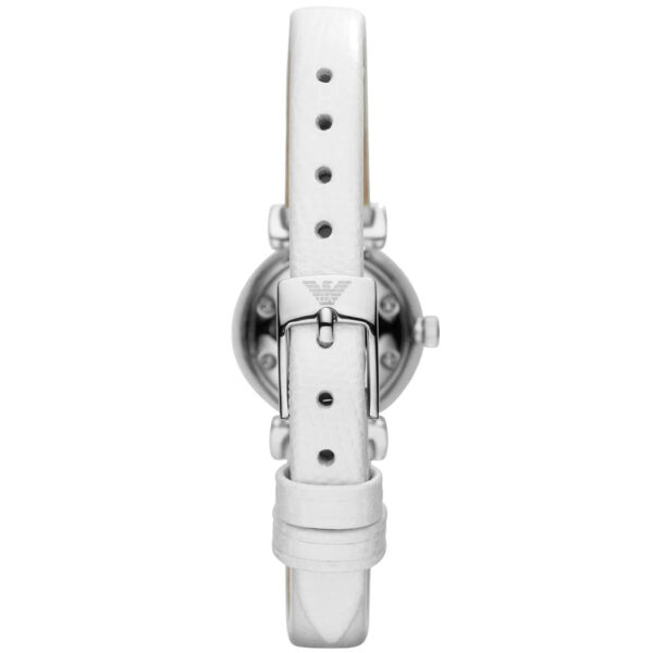 Emporio Armani Gianni T-Bar mini watch side view showing case profile and white leather strap