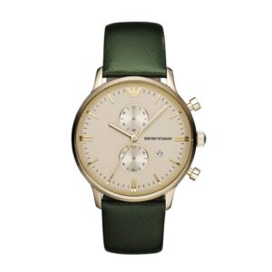 Emporio Armani AR1722 green leather men's chronograph watch with cream dial and gold-tone case
