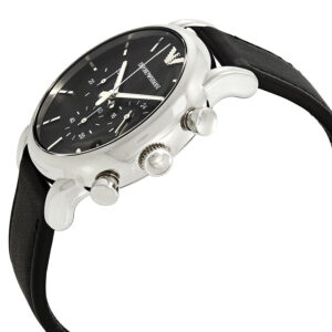 Side angle view of Emporio Armani AR1733 showing silver case and black leather strap