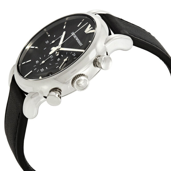 Side angle view of Emporio Armani AR1733 showing silver case and black leather strap