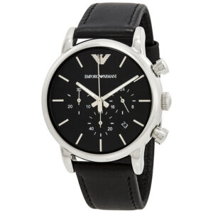 Emporio Armani AR1733 chronograph watch with black dial and silver case on black leather strap