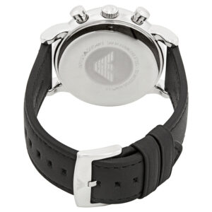 Caseback of Emporio Armani AR1733 with engraved eagle logo and black leather strap