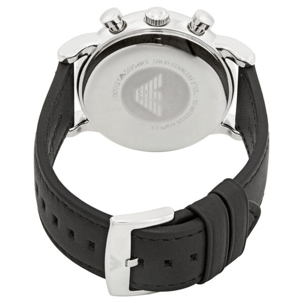 Caseback of Emporio Armani AR1733 with engraved eagle logo and black leather strap