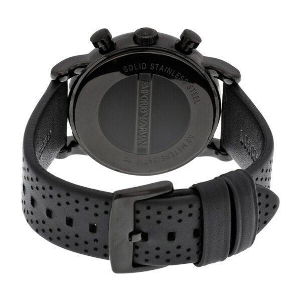 Caseback of Emporio Armani AR1737 watch with solid stainless steel case and perforated strap